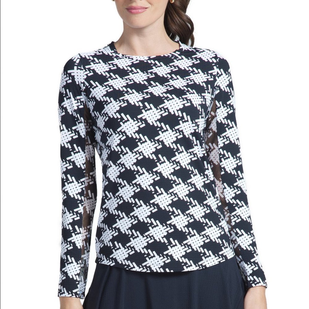 Ibkul Kimberly Print Long Sleeve Crew Neck Top in Black/White Houndstooth Size L